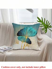 4pcs Silver Ginkgo Leaf Pattern Square Pillowcase Without Core, Spring & Autumn Fresh Countryside Style Cushion Cover For Sofa, Bed, Home Decor, All Seasons Use - Blue and White - View 6