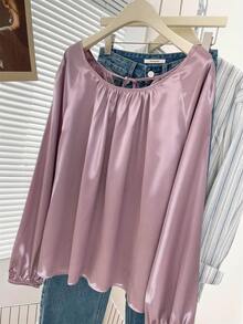 Plus Size Women Solid Color Crew Neck Backless Tie Casual Commuter Blouse, Suitable For Autumn/Winter Office Wear