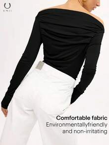 UMII Women's Black Off-The-Shoulder Draped Long Sleeve Top, Slim Fit Stretch Bodysuit, Sexy Casual Valentine's Day Date Night Blouse - Black - View 2