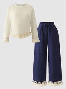 2pcs Girls Casual Ruffle Trim Top And Solid Color Pants Set, Spring/Autumn