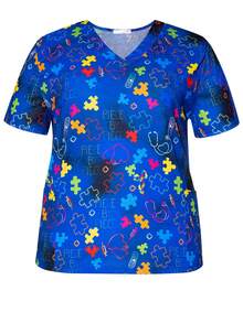 Plus Size Women's Spring & Summer Fall Puzzl Printed V-Neck Scrub Short Sleeve Nurse Uniform Tops With Pockets For Women - Blue - View 3