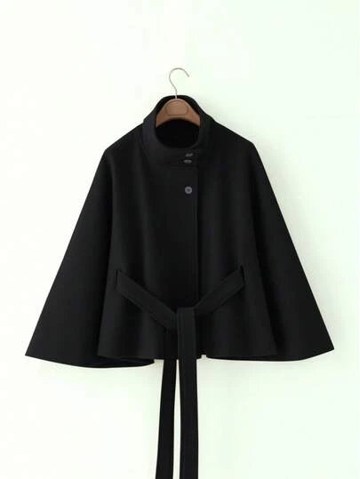 Women's Solid Color Front Button Tie Waist Woolen Cloak, Casual & Date Wear, Autumn/Winter Overcoat Black
