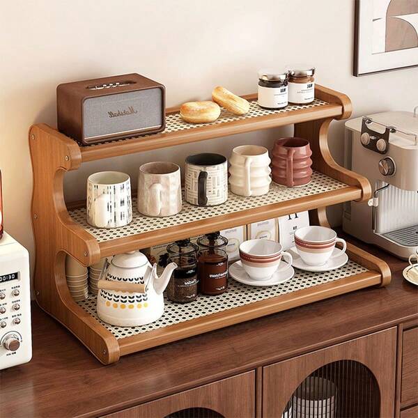 1pc Bamboo Multi-Tier Tabletop Storage Rack, Woven Rattan Shelves, High-End Dining Table Organizer, Large Capacity Kitchen Storage Rack For Cups, Mugs, Spices, Books, Plants, Stepwise Shelving Unit For Office, Balcony, Breathable Drainage Shelves, Suitable For Kitchen, Dining Room, Living Room, Bedroom, Office, Balcony