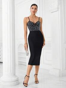 Bernatova 黑色可调节细肩带刺绣泡泡珠女式性感俱乐部紧身连衣裙，优雅鸡尾酒半正式舞会礼服，适合生日、名人派对、毕业典礼、晚宴、婚礼宾客礼服 - 黑色 - 查看 4