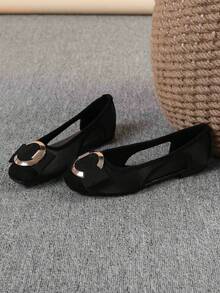 Women's Ballet Flats, Fashionable Square Toe Slip-On Soft Bottom Shoes, Versatile Flat Shoes, Black Hollow Flat Bowknot Loafers, Size Run Large, Plus Size 35-43