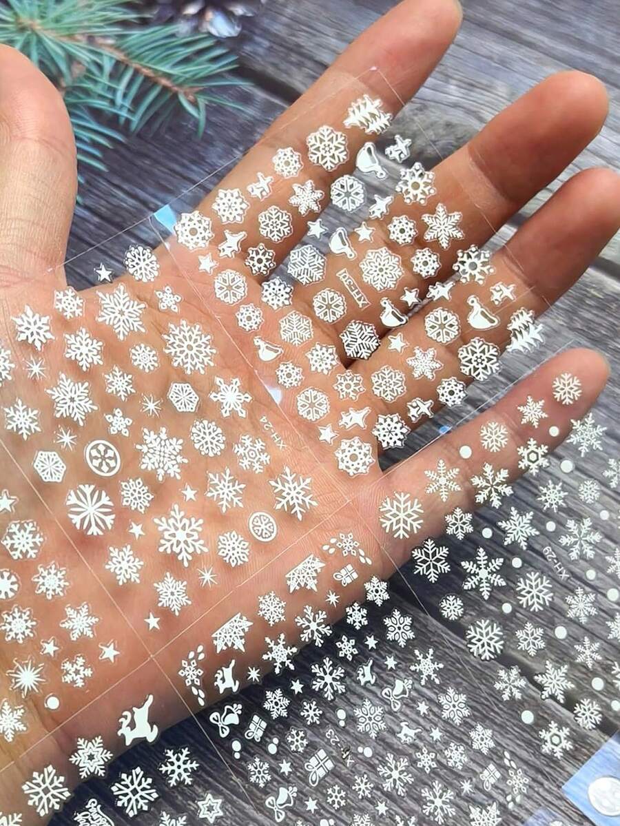 30张圣诞美甲贴纸，30片3D闪光自粘雪花雪人驯鹿铃铛美甲贴，冬季美甲贴纸圣诞树美甲装饰美甲用品 - 白色 - 查看 1