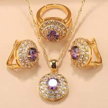 18K Gold Plated Luxury Vintage Fashion Jewelry Set, Including Round Earrings, Necklace, Adjustable Ring, Suitable For Wedding, Christmas, Thanksgiving, Halloween, Valentine's Day, Birthday Gift