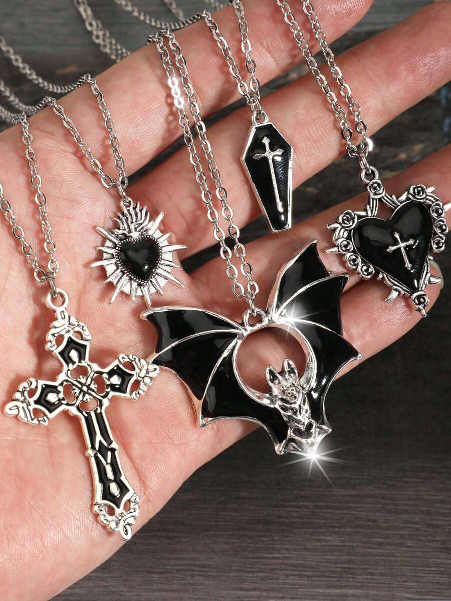 5 件 Y2K 复古哥特朋克摇滚风格蝙蝠宝石、蝙蝠十字架、魔镜、带刺玫瑰、融化十字架吊坠项链套装、不锈钢链条、Ins Hiphop Boho 风格心形锁吊坠、万圣节礼物 - 黑色 - 查看 1