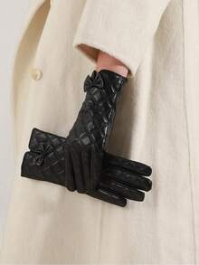 1 双女士冬季保暖时尚 PU 皮手套，保暖内衬，防风，防水，触摸屏手套，适合休闲户外 - 繡格蝴蝶結 - 查看 6