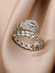 1 Pc Vintage Cubic Zirconia Cuban Chain Ring For Women Gold Color Stainless Steel Geometric Ring Wedding Engagement Party Jewelry Christmas Gift