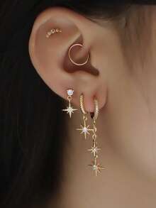 Bộ 5 bông tai hình ngôi sao đính đá Cubic Zirconia lấp lánh & bông tai tua rua dạng dây, thích hợp cho nữ khi hoạt động ngoài trời, hàng ngày, tiệc tùng, trang sức bằng đồng - Vàng - Xem 1