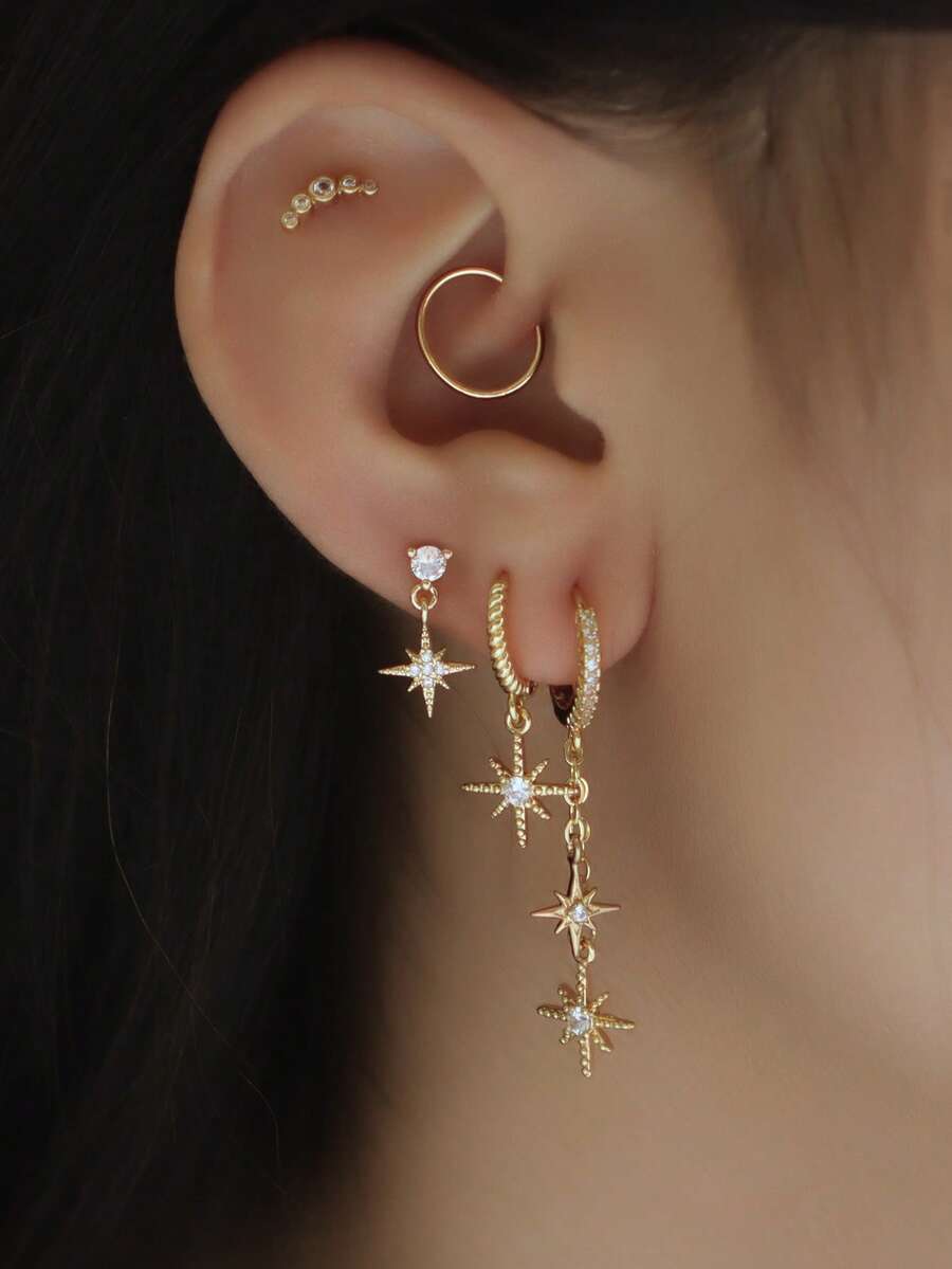 Bộ 5 bông tai hình ngôi sao đính đá Cubic Zirconia lấp lánh & bông tai tua rua dạng dây, thích hợp cho nữ khi hoạt động ngoài trời, hàng ngày, tiệc tùng, trang sức bằng đồng - Vàng - Xem 1