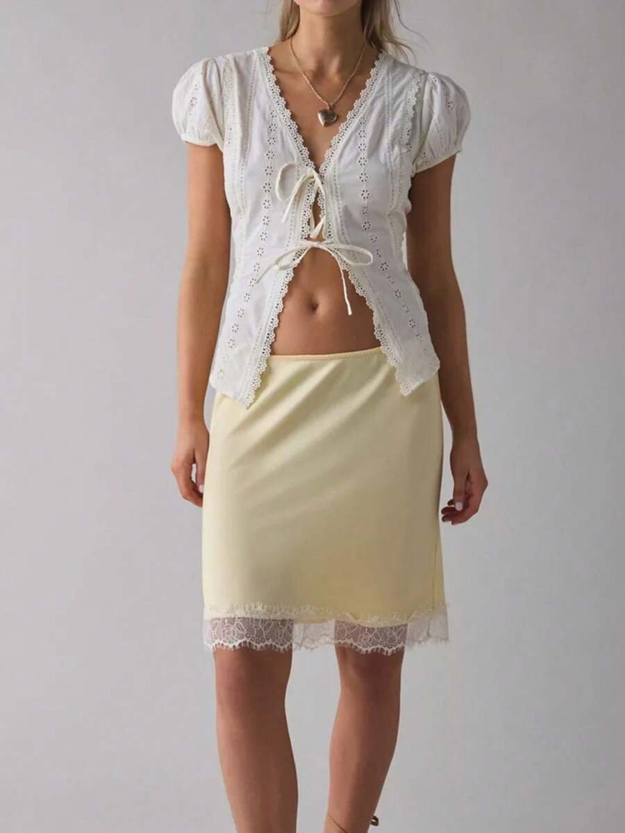 Women's Low-Waist Solid Color Lace Paneled A-Line Knee-Length Skirt, For Party Street Wear - 淺黃色 - 查看 1