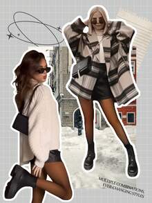 1 Pair Fleece Lined Warm Tights Thick Plush Thermal Women Leggings One Line Cortch Outdoor Wear Pantyhose For Winter 6 Colors &6 Sizes - 焦糖 - 查看 5