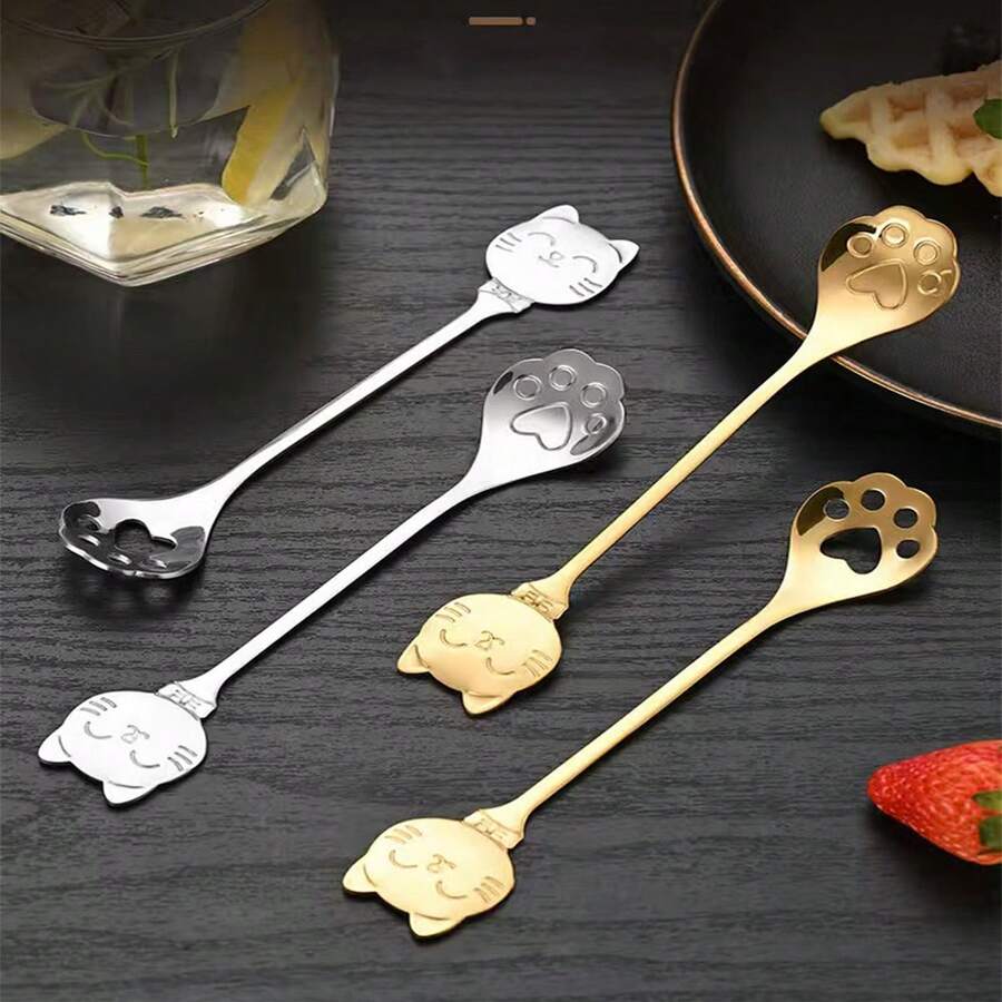 1pc/2pcs/4pcs/6pcs/8pcs优质不锈钢勺子，多色勺子，创意卡通招财猫笑脸爪勺，咖啡搅拌棒，甜点勺，猫爪穿孔勺，适用于厨房，餐厅，高档酒店 - 金銀色 - 查看 1
