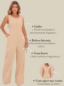 Elegant Linen Pantaloon Jumpsuit Wide Legs And Discreet Pockets - Cream - View 6