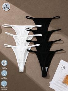 7Pcs Sexy Thongs Ribbed Women's Low Waist Seamless Thong Panties Comfortable Briefs Traceless G-String Underwear Women Soft T-Back Elastic Panty Lingerie Minimal Style Knickers Not Transparent Underpants Fashionable For Daily Wear