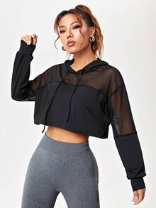 SHEIN Sports 网眼拼接运动卫衣 短款卫衣 秋季长袖卫衣 - 黑色 - 查看 2