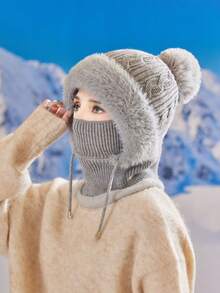 1 Pair Women's Knitted Mask Scarf Set, Autumn/Winter Warm Thermal Lined Earflap Hat Neck Gaiter