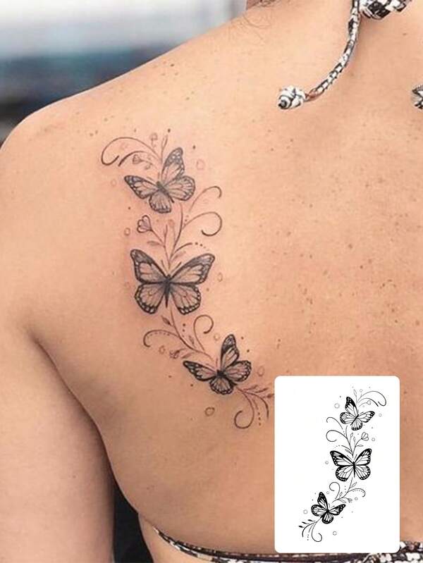 1 Tattoo Sticker Temporary Tattoo Sticker, European And American Fashion Black Butterfly Flower Pattern Waterproof And Sweat-Proof, Washable, Non-Reflective Arm And Shoulder Simulation Tattoo Suitable For Fashionistas Can Be Maintained For 1-3 Days