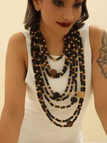 1pc Handmade Multilayer Wooden Bead Necklace, Exaggerated Bohemian Style For Party, Beach, Holiday Usage