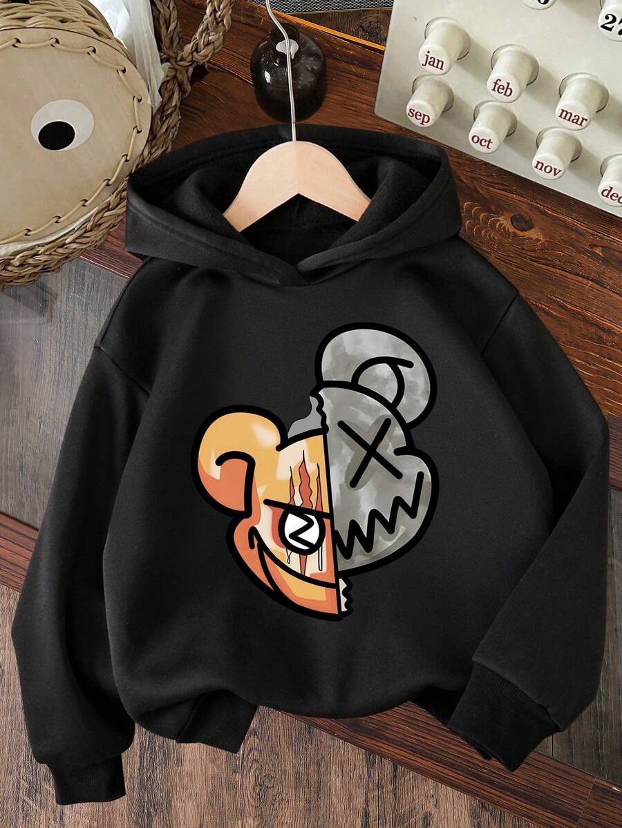 Young Boy Cartoon Pattern Warm Sweatshirt - Black - View 1