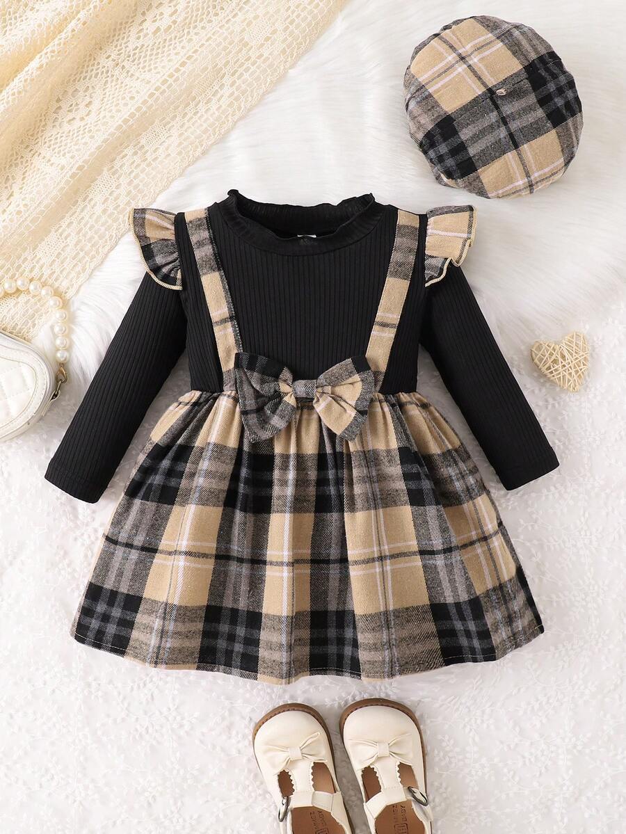 Vestido de manga larga con volantes en los hombros y lazo, a cuadros, de moda para bebé niña, para primavera/otoño - Negro - Ver 1