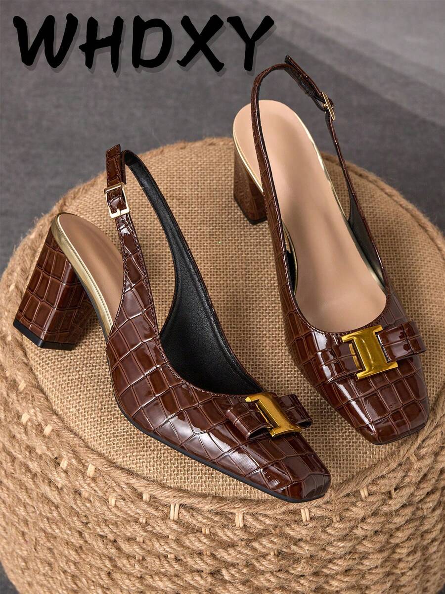 WHDXY 1 Pair Women's Square Toe Backless Preppy Style Buckle Decor High Heel Pumps, Sexy 7CM Chunky Heel Office Lady, Flight Attendant, Party Dress Shoes - 棕色 - 查看 1