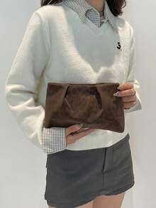 Model Clutch Warna Polos Terbaru untuk Musim Gugur/Dingin, Tas Awan Berlipit, Motif Leopard, Tas Amplop Kasual, Tas Kosmetik, Tas Aksesori Perjalanan, Tas Pelapis, Tas Perlengkapan Mandi, Kantong Penyimpanan - Kopi - View 4
