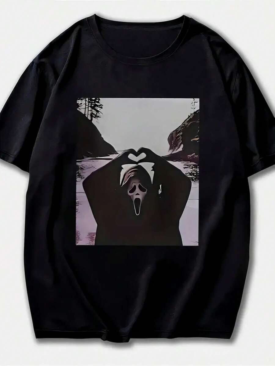 Camiseta playera básica gráfica estampada casual dama mujer manga corta cuello redondo look casual relajado cómodo versátil fresca ligera colorido diseño halloween día de muertos máscara gesto corazón arte pop - Negro - Ver 1