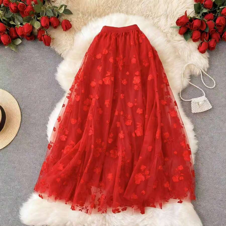 Embroidered Tulle Midi Skirt - Light And Romantic, 100% Polyester - Hot Pink - View 1