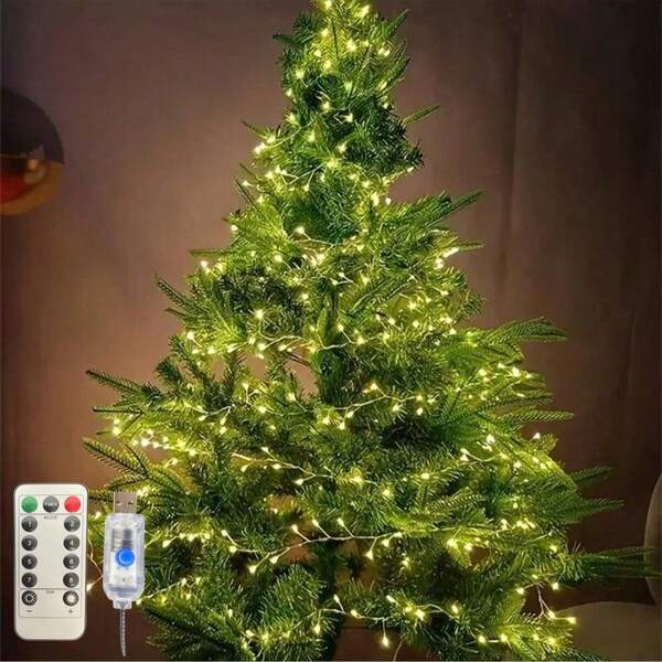 1 pieza Cadena de luces de cobre con 8 modos, de 3M/6M/9M/12M, con control remoto para ajustar el brillo y cambiar entre 8 modos de parpadeo, adecuado para decoración de fiestas con tema navideño, decoración de árboles de Navidad, jardín, balcón y diversas decoraciones para fiestas festivas
