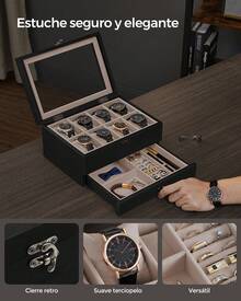 Caja de Relojes con 8 Ranuras, Estuche de Relojes de Madera de 2 Niveles con Tapa de Cristal, Almohadillas, Forro de Terciopelo, Regalo de Seres Queridos, Negro Ébano, Regalo de Navidad - Caqui - Ver 2
