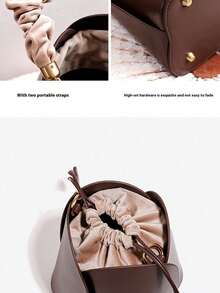 Drawstring Pocket Petal Brown New Basket Bucket Bag Niche Design Retro Women's Handbag Ladies Shoulder Crossbody Bag With Anti-Wear Rivets At The Bottom, Suitable For Weddings, Leisure, Daily Social Gatherings And Festivals