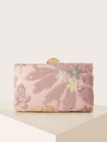 AIBBYDAR Women's Evening Clutch (Random Floral Pattern) Pink Beaded Ladies Handbag, Box-Shaped Bag With Snap Closure, Suitable For Evening Dresses, Portable Wallet, Cosmetic Bag With Detachable Metal Shoulder Strap, Suitable For Balls, Parties, Gatherings, Weddings, Holiday Parties - Baby Pink - View 3