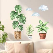 Autocollants muraux de plantes vertes en pot à l'aquarelle, autocollants muraux décoratifs en PVC amovibles à grandes feuilles vertes, décoration murale de nuages, décoration de printemps pour la maison, la chambre à coucher, le salon, l'arrière-plan TV, le bureau, la salle de classe, décoration murale