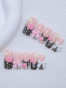 10pcs Y2K Nails Pipe-Shaped Press On Nails Set - Handcrafted, Black Nails, Pink Nails, Black And White French Tip Nails, Handmade 3D Button, Hand Drawn Piano And Musical Note Design Decoration, Hand Drawn White And Black Polka Dot Design, Sparkling White And Pink Bow Accents - Suitable For Women And Girls, Party, Wedding, Daily Wear - 彩色 - 查看 10