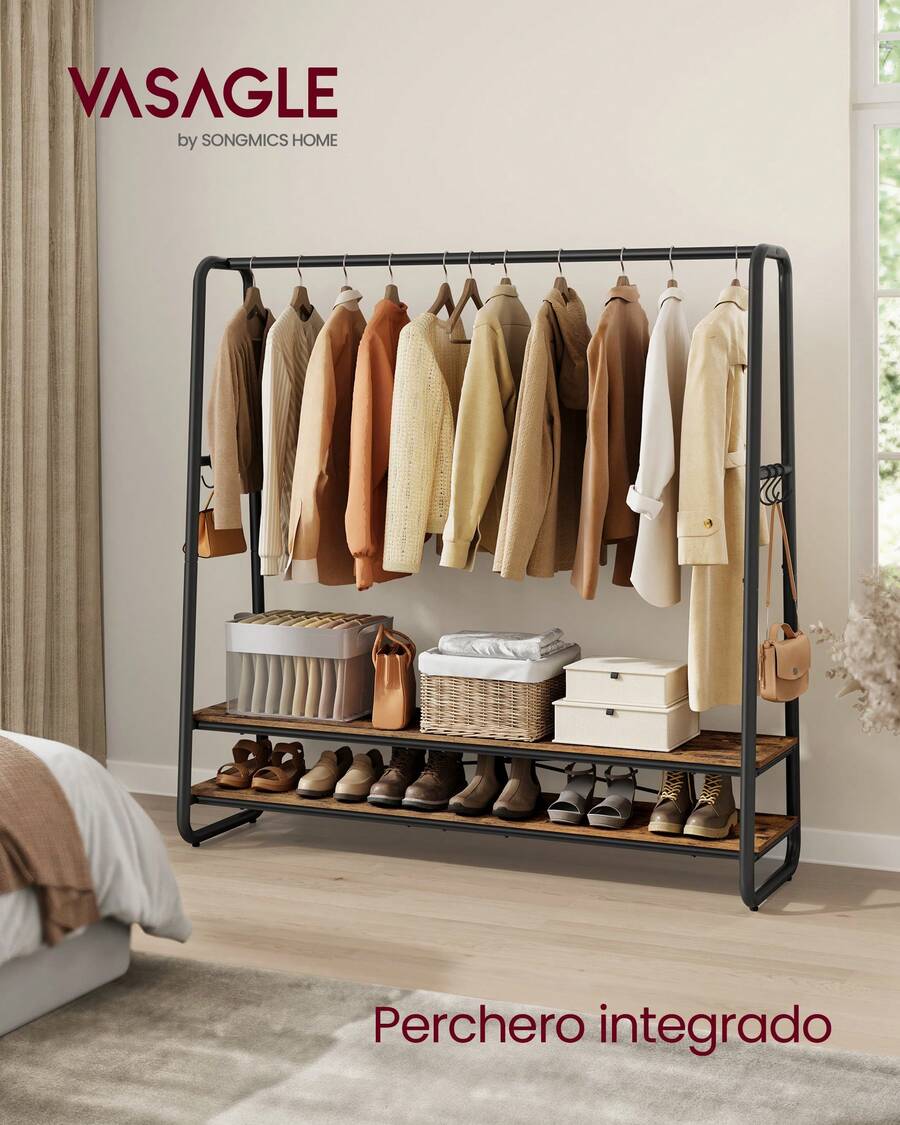 VASAGLE Perchero Burro, Perchero Recibidor con 2 Estantes, 6 Ganchos en Forma de S, Marco de Acero, 45 x 138 x 160 cm, para el Dormitorio, Marrón Rústico y Negro - Negro - Ver 1