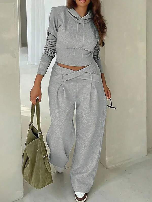 Damen Lässig Mode Langarm Hoodie mit Taillenschnitt Design und weite Passform Jogginghose, 2-teiliges Set, Grau
