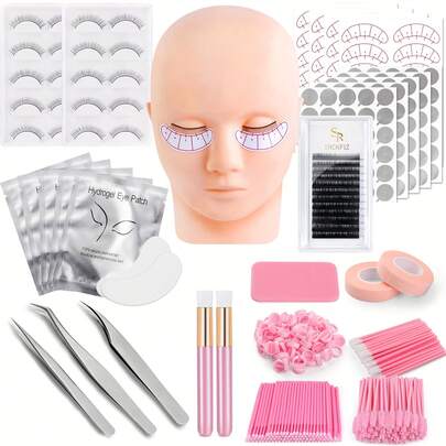 SRCKFIZ Kit de extensión de pestañas, que incluye cabeza modelo, pinzas, brochas, soporte de pestañas, aplicador, pegamento y protectores de dedos, herramientas para que los principiantes practiquen la extensión de pestañas