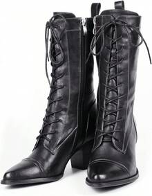 Women's Mid Calf Lace Up Combat Boots With Side Zipper Winter Boots Faux - màu xanh lá - Xem 8