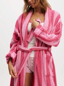 Womens Plush Soft Robe Long Sleeve Belted Striped Bathrobe With 2 Pockets For Spa, Pool - 珊瑚紅色 - 查看 3
