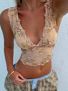 Sequin Halter Top For Women Deep V Neck Beaded Lace Crop Tops Y2K Sparkly Glitter Tank Top Going Out Rave Outfits - Màu vàng - Xem 2