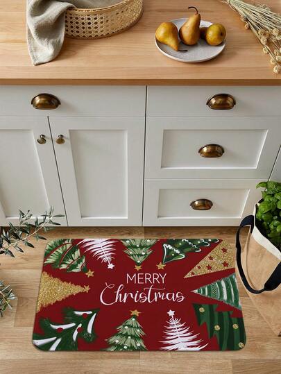 1 قطعة سجادة باب مطبوعة بشجرة عيد الميلاد المربعة، سجادة مخملية ناعمة لعيد الميلاد مانعة للانزلاق وماصة، مناسبة للغرفة المعيشية والنوم ومدخل المنزل