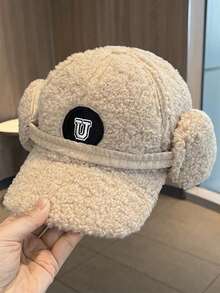 Classic Solid Color New Sherpa Baseball Cap With Ear Flaps For Women, Versatile Embroidered U Letter Fashion Snapback Hat, Polyester Fiber Embroidery Decor, Suitable For Autumn/Winter Street Party