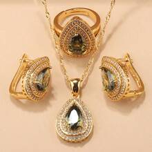 18K Gold Plated Elegant Minimalist Water Drop Jewelry Set, Includes Earrings, Necklace Pendant, Adjustable Ring, Synthetic Cubic Zirconia, Bridal Wedding Fashion Accessories, Suitable For Daily Wear, Christmas, Halloween, Thanksgiving, Valentine's Day, Anniversary