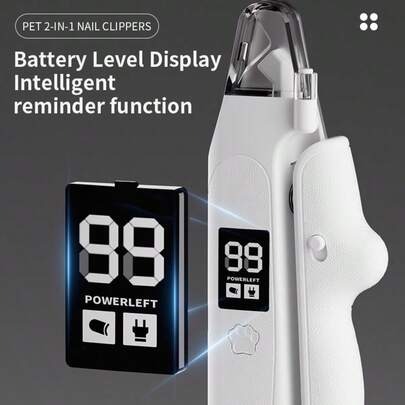 1个全新二合一宠物指甲钳/磨甲器，可修剪和打磨指甲，LED灯防止剪到指甲根部，智能电量显示，USB充电，适用于犬猫