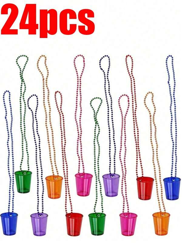 Halloween 2025 Edition 24 Pcs Shot Glass On Beaded Necklaces Plastic Shot Shot Necklace Cups Party Necklaces Shot Glass For Birthday Wedding Christmas Party Supplies, 6 Colors Shot Cups Necklaces Explosive Prom Party Plastic Clear Beads Chain Cups