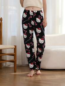 Sanrio 1 Peça Calça de Pijama Flanelada Térmica Fofa e Quente com Estampa Fofa da Hello Kitty para Mulheres, Confortável e Folgada, Adequada para Outono/Inverno