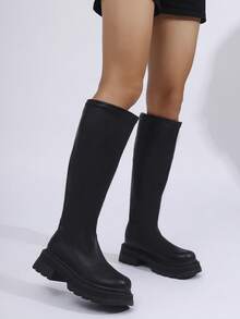 女式高筒靴，新款秋季厚底百褶百搭细跟马靴 - 黑色 - 查看 1